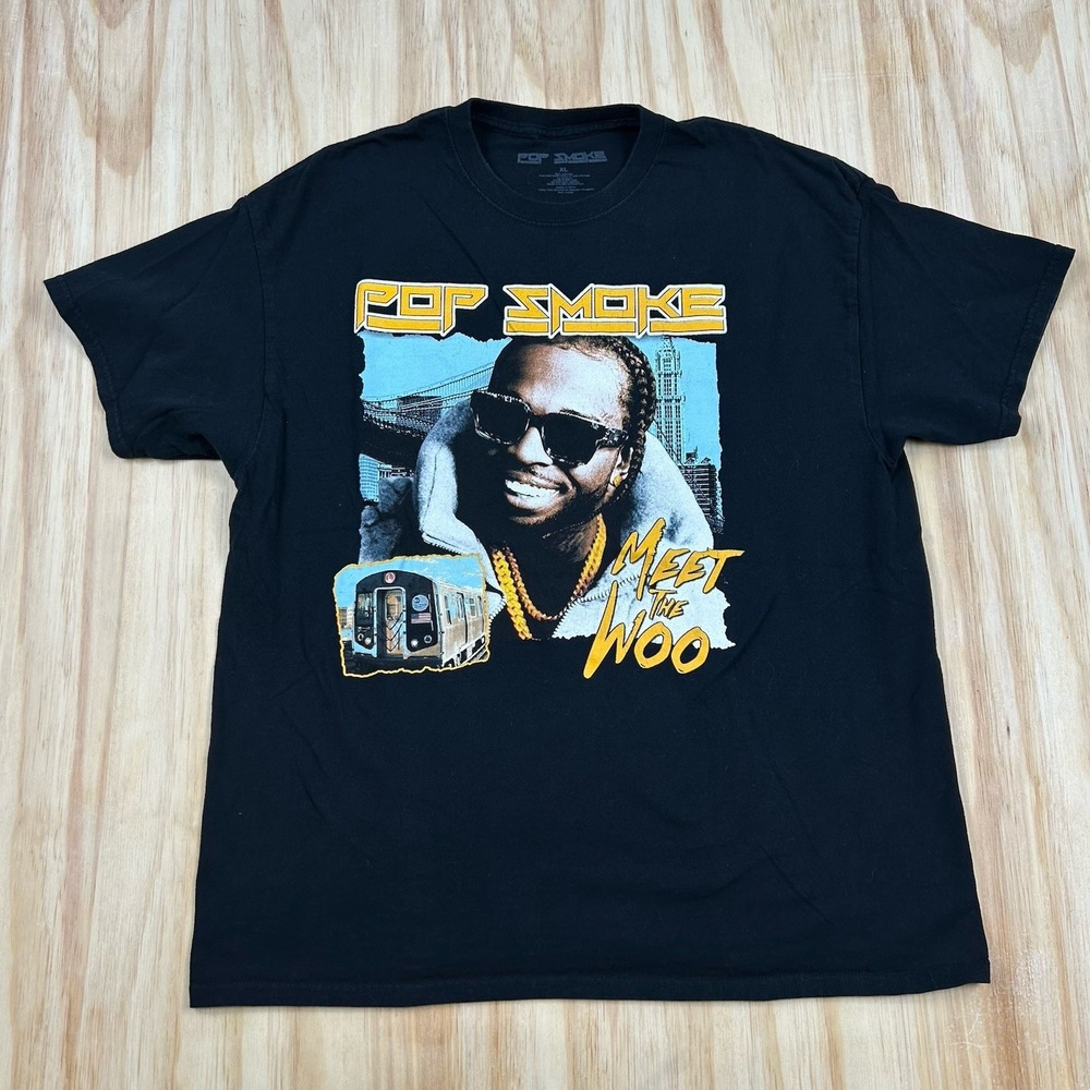 Pop Smoke T shirt Meet the Woo Graphic Print Black Short Sleeve‎ Hip Hop Mens XL